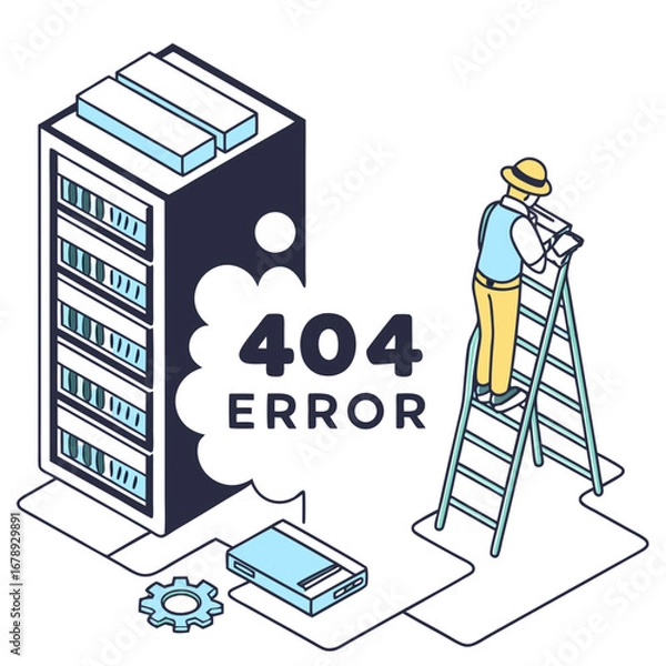 Fototapeta IT Technician Repairing Server Rack – Network Failure Illustration