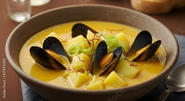 Fototapeta Golden Mussel Stew with Potatoes and Leeks in Rustic Brown Bowl