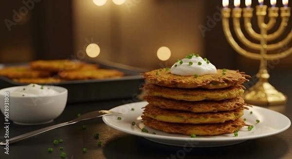 Fototapeta Golden Potato Pancakes Stacked with Cream and Chives on White Plate with Golden Menorah in Background