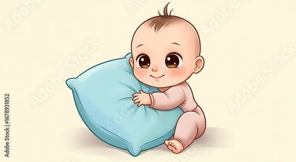 Fototapeta Adorable cartoon baby hugging a soft blue pillow with a happy expression