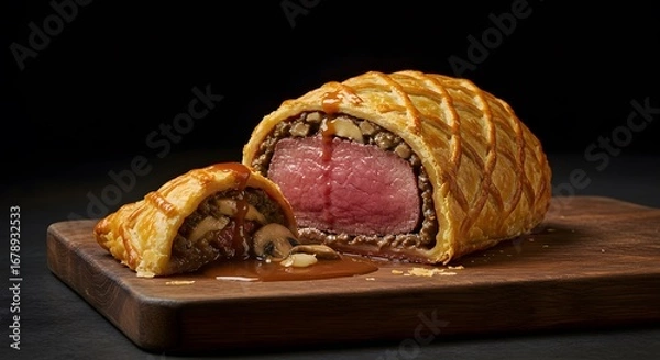 Fototapeta Golden Puff Pastry Encased Meat Dish on Wooden Board with Sliced Piece