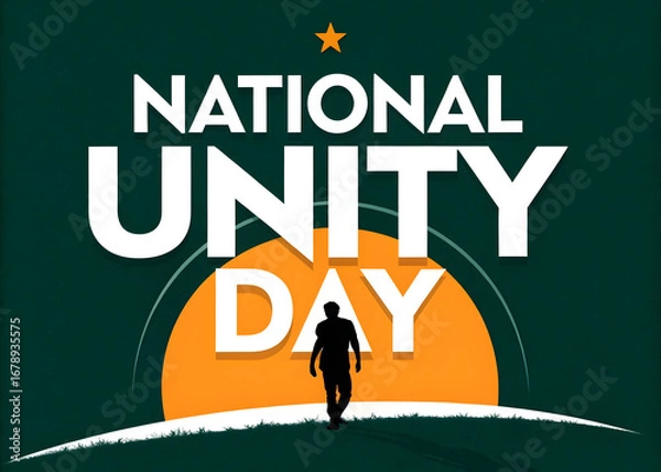 Fototapeta Silhouette of a person walking towards the sun on national unity day celebration