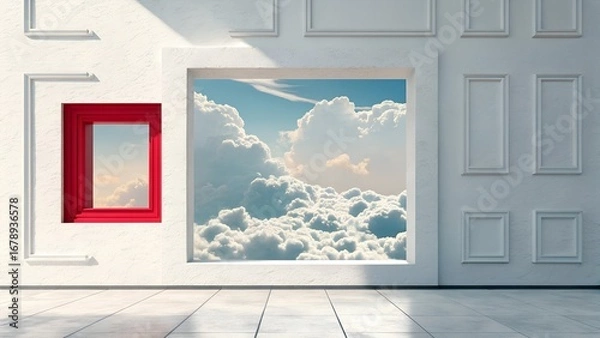 Fototapeta 3d render, abstract fantasy background. Flying realistic clouds. Red square hole on the white wall. Minimalist geometric wallpaper.