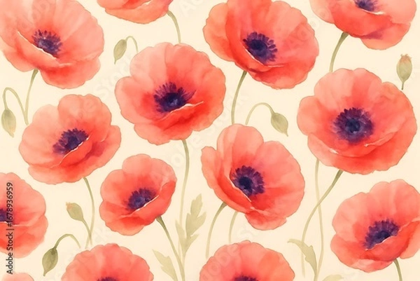 Obraz Vibrant watercolor painting of red poppies with delicate green stems and buds on a soft cream background