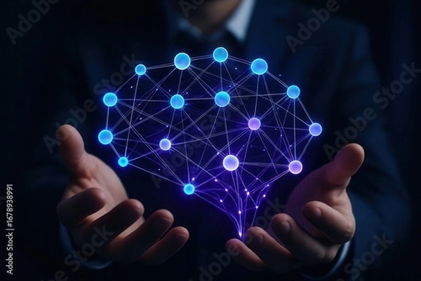 Fototapeta Businessman holding glowing digital network structure..