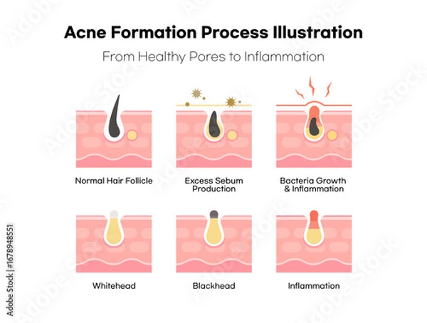 Obraz An Illustration of the Acne Formation Process from Healthy Pores to Inflammation.