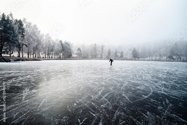 Fototapeta Winter fun unfolds as a lone child skates across the icy pond, practicing hockey under a snowy sky