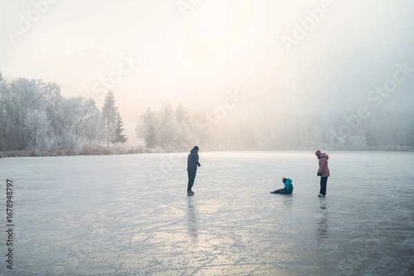Fototapeta A family enjoying Christmas together, skating and playing on a frozen pond in a snowy white winter wonderland.