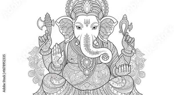Fototapeta Intricate line art illustration of Lord Ganesha, the elephant-headed Hindu deity, in a seated, ornate pose with detailed traditional patterns.