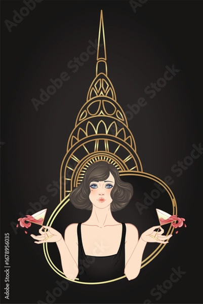 Fototapeta Art Deco vintage invitation template design with illustration of flapper girl over patterns and frames. Retro party background set in1920s style. Vector for glamour event, thematic wedding or jazz