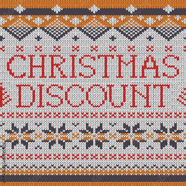 Fototapeta Ugly Sweater style seamless pattern with text. Merry Christmas party outfit. Vector illustration Handmade knitted background with christmas tree, snowflake, scandinavian decor. White, red colored