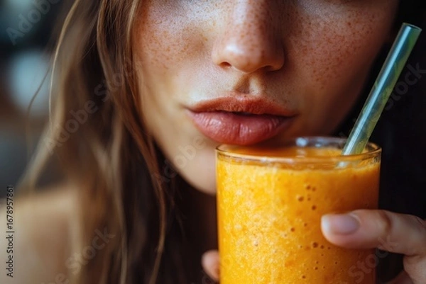 Fototapeta Close-up of a woman with freckles enjoying a vibrant orange smoothie.