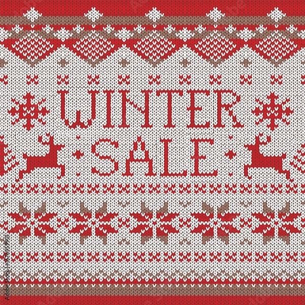 Fototapeta Ugly Sweater style seamless pattern with text. Merry Christmas party outfit. Vector illustration Handmade knitted background with christmas tree, snowflake, scandinavian decor. White, red colored
