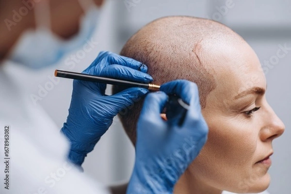 Fototapeta Person getting scalp micropigmentation a gloved professional applies pigment to the head of a fairskinned woman