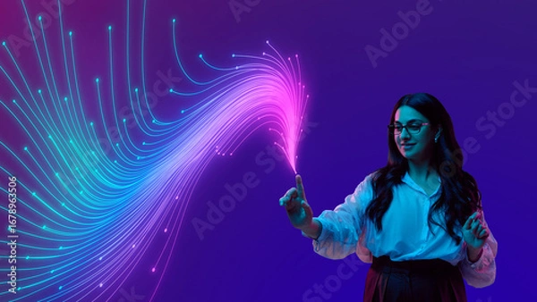 Fototapeta Creative collage. Woman in white blouse touching neon digital stream with finger. Concept of mobile apps, e-commerce innovation, editorial creativity, advertising design, and social media interaction.