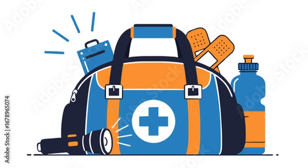 Fototapeta An emergency preparedness kit with a first aid bag, flashlight, water bottle, and bandages for safety and survival during disasters
