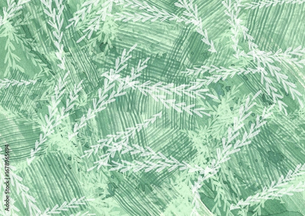 Fototapeta Green branches on an abstract summer background. Ecological texture in watercolor grunge style. Watercolor print, bio organic design, nature care.