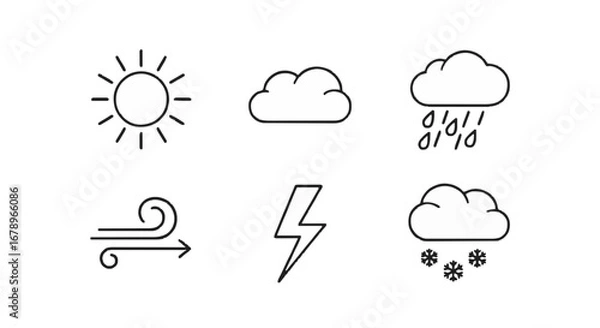 Fototapeta Simple outline icons represent sunny weather, clouds, rain, wind, lightning, and snow offering a clear forecast of atmospheric conditions