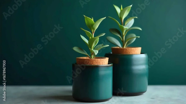 Obraz A solitary dark teal ceramic container with a natural cork lid sits prominently, containing a single vibrant green eucalyptus plant,