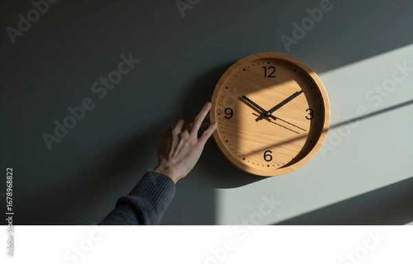 Fototapeta Hand reaching to adjust the time on a minimalist wooden wall clock, symbolizing the concept of managing schedules and deadlines