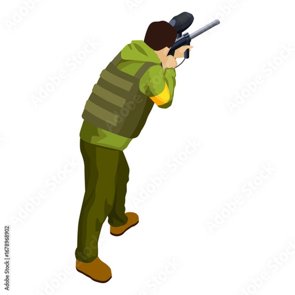 Fototapeta Paintball Player Aims Isometric Vector Art of a Shooter in Action