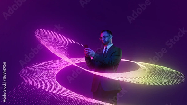 Fototapeta Surreal collage art. Businessman in suit holding smartphone surrounded by glowing neon data ring. Concept of e-commerce, mobile apps, finance, social media strategy, and digital innovation.