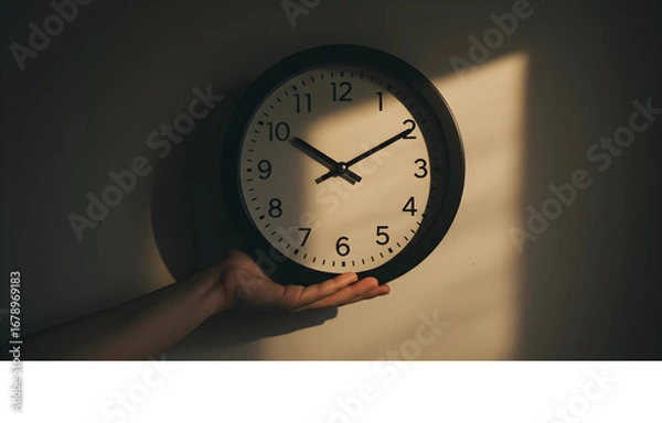 Fototapeta A person's hand holding a simple black and white analog clock in a beam of light, symbolizing the precious and fleeting nature of time