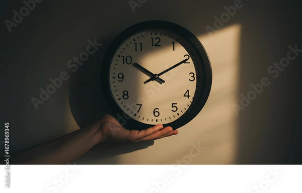 Fototapeta A person's hand holding a classic analog clock in a diagonal ray of sunlight, a concept of time management, deadlines, and the passage of time