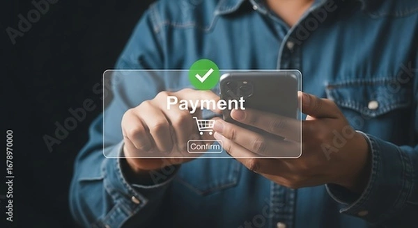 Fototapeta Person confirming payment on smartphone confirmation