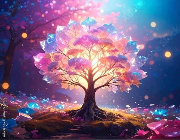 Fototapeta Vibrant glowing tree in a magical forest
