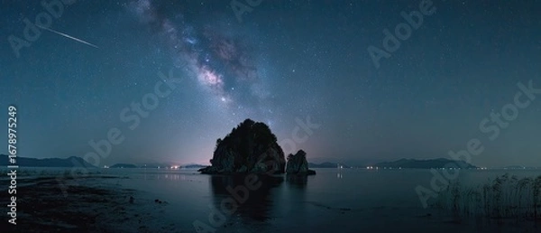 Obraz Milky Way over a calm lake, with rocks and mountains in the background
