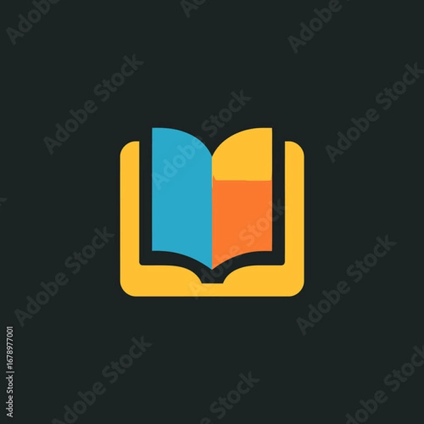 Fototapeta A modern and minimalist open book icon featuring vibrant blue and orange pages. This flat design vector graphic symbolizes education, learning, and knowledge, perfect for a logo or application