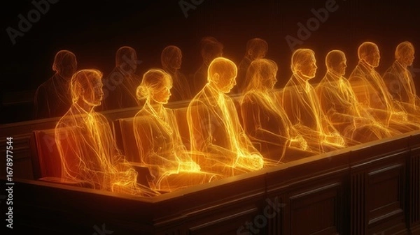 Fototapeta Futuristic courtroom with holographic jurors and advanced AI technology in legal proceedings