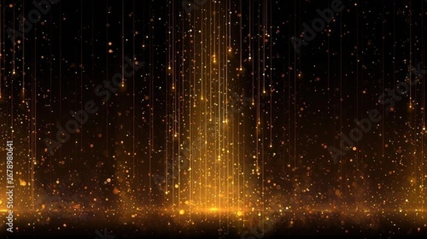 Fototapeta Glistening gold particles raining down with a bright golden glow against a dark backdrop