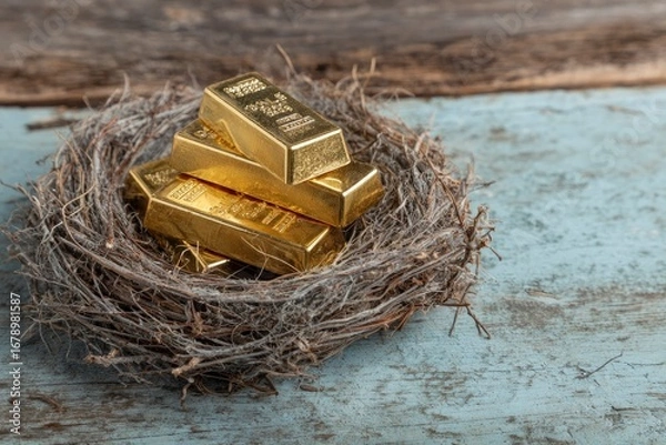 Fototapeta Gold bars rest in a twig nest on a distressed wooden surface