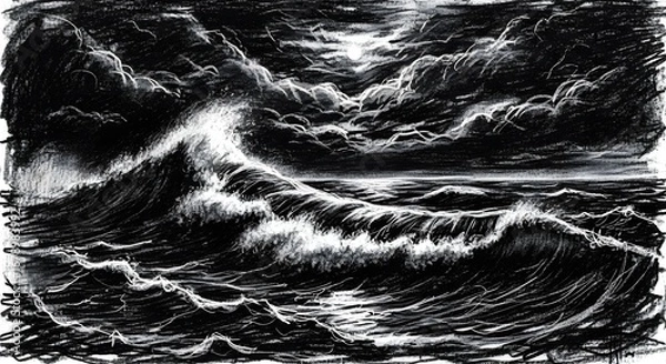 Fototapeta A dramatic black and white drawing of a stormy sea with large, crashing waves under a dark, cloudy sky.