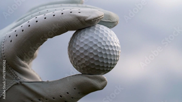 Fototapeta Close-Up Image of a Hand Holding a Golf Ball Against a Cloudy Sky
