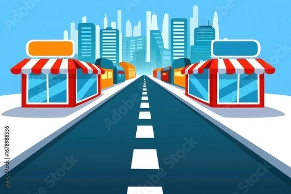 Fototapeta Digital illustration with blue background, city skyline and busy shopping street, flat bright style