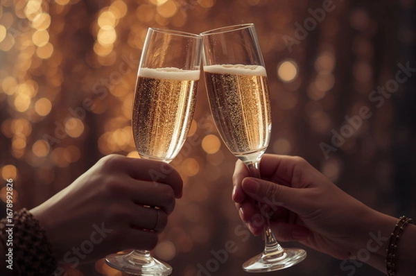 Fototapeta Two Champagne Glasses Toasting With Sparkling Golden Bokeh Background Celebration Party New Year Eve Wedding And Romantic Event