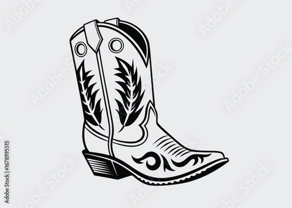 Fototapeta Black Cowboy Boot vector line art silhouette vector illustration