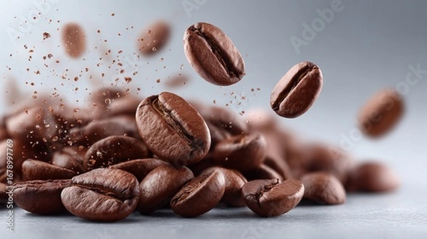 Fototapeta Coffee beans explosion splash with dynamic motion on transparent background