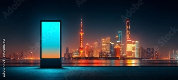 Obraz Illuminated advertising display against a vibrant cityscape at night with bright colorful lights .mockup 