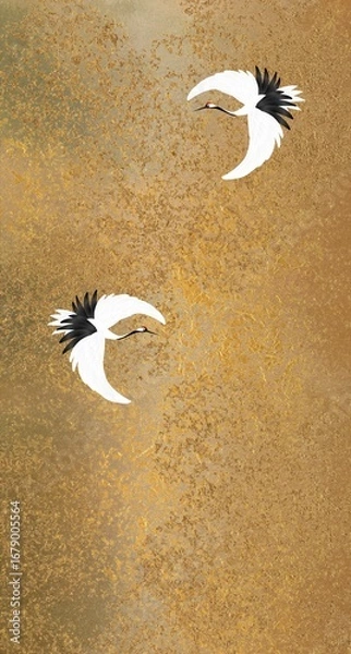 Fototapeta 飛翔する２羽の丹頂鶴　質感のある金褐色の抽象的な背景