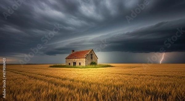 Fototapeta Isolated Stone House in Golden Wheat Field Under Dramatic Storm