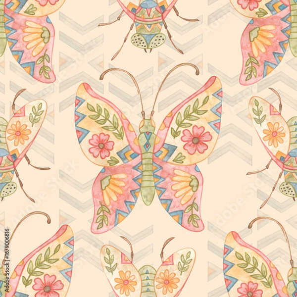 Obraz Watercolor butterfly seamless pattern on beige background