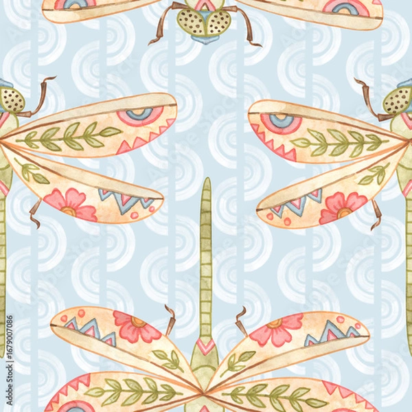 Obraz Watercolor dragonfly seamless pattern on light blue background