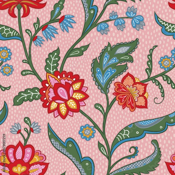 Obraz Traditional Indian trailing floral pattern. Bohemian flower seamless repeat on pink.