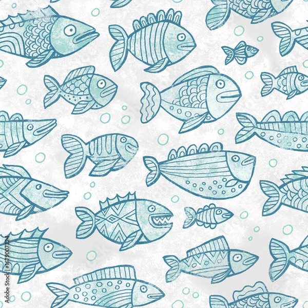 Obraz Cute fish seamless pattern on gray. Hand drawn raster repeat.