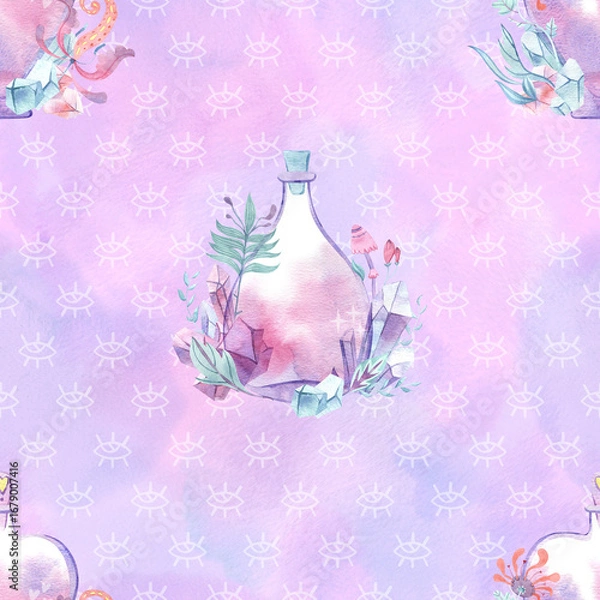 Obraz Watercolor seamless pattern with magical poison bottles on mystical background with eyes.