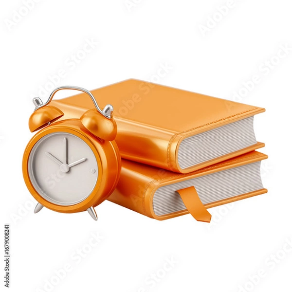 Fototapeta 3D Books with alarm clock on transparent background, back to school concepts